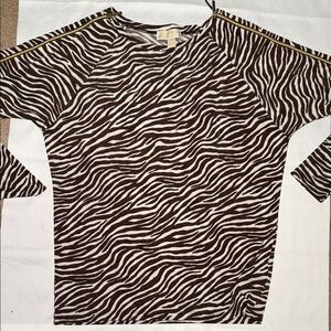 Michael Kors Brown and White Zebra-Print Knit Top with Shoulder Zip Detail